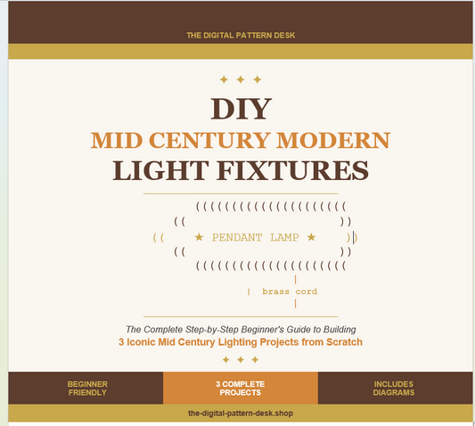 Cover of a book titled 'DIY Mid Century Modern Light Fixtures' by The Digital Pattern Desk.