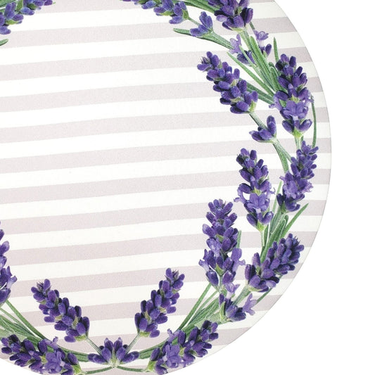 Round paper plate with lavender design on a striped background