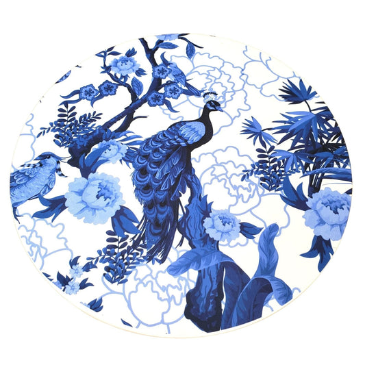 Decorative plate with blue peacock and floral design on a white background