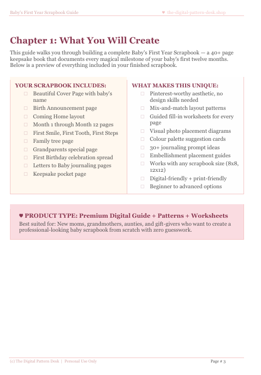 Page from a digital scrapbooking guide with text and a red box highlighting features.