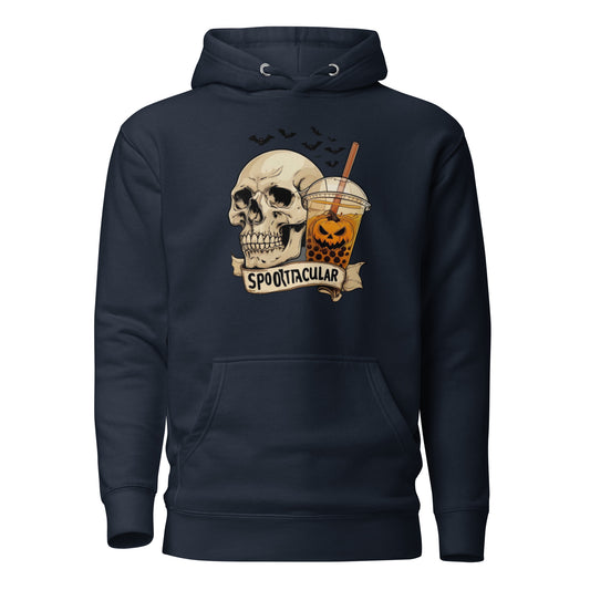 Navy blue hoodie with a skull and pumpkin spice latte design on a white background