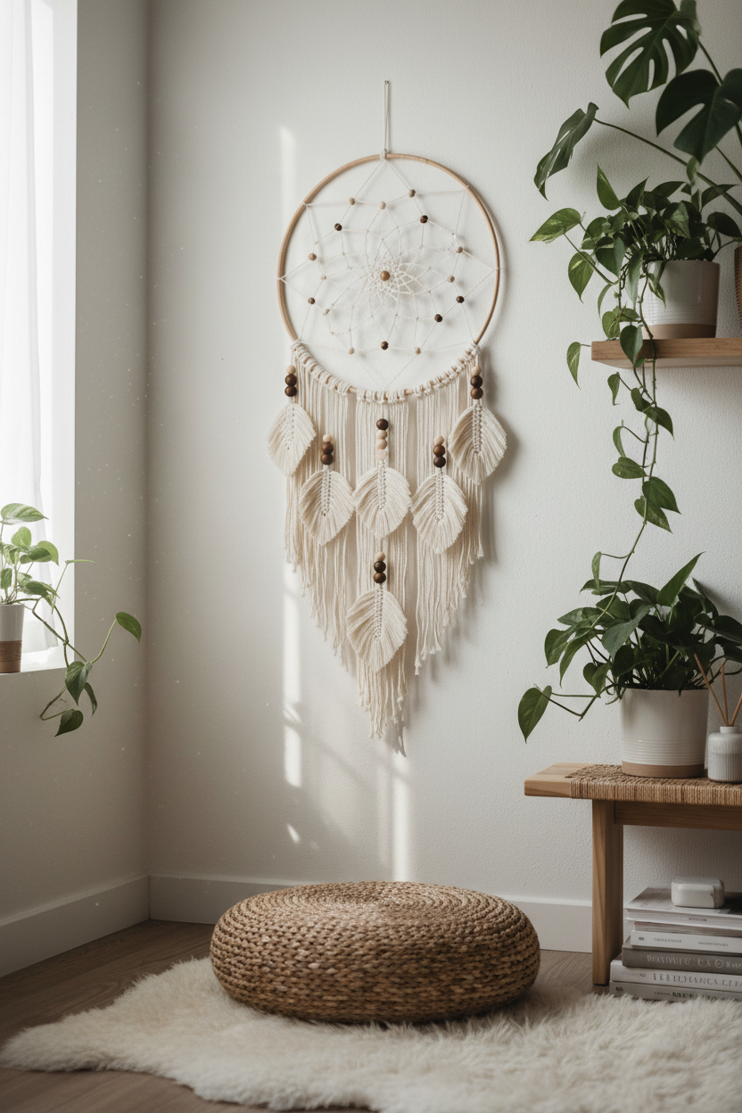 Handmade macrame dreamcatcher boho decor - wood bead wall hanging pattern
