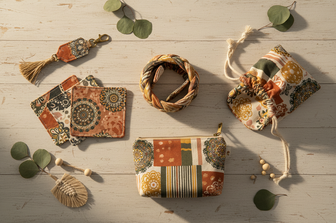 Five small handmade fabric projects in coordinating earthy boho prints — keychain, coasters, headband, gift bag, and zipper pouch — arranged on a craft desk