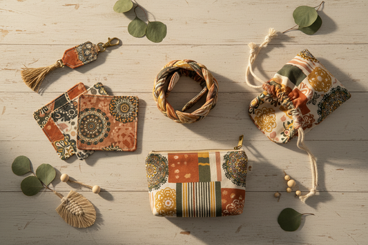 Five small handmade fabric projects in coordinating earthy boho prints — keychain, coasters, headband, gift bag, and zipper pouch — arranged on a craft desk