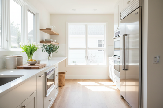Sparkling clean kitchen after spring cleaning with organized countertops and fresh flowers