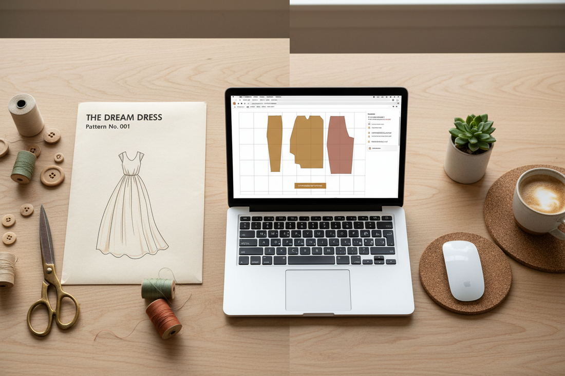 Side-by-side comparison of a digital PDF pattern on a laptop and a printed physical pattern envelope on a craft desk — digital vs printed patterns for beginners