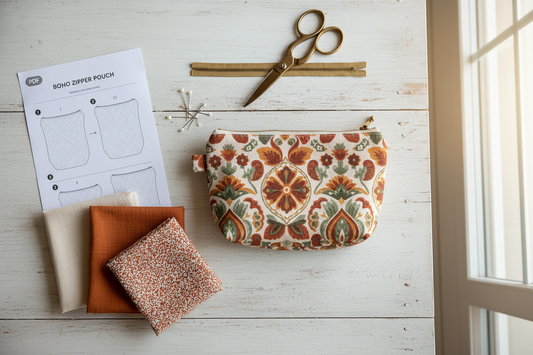Handmade fabric zipper pouch in an earthy boho print next to a printed PDF zipper pouch pattern, fabric swatches, a zipper, and scissors on a craft desk