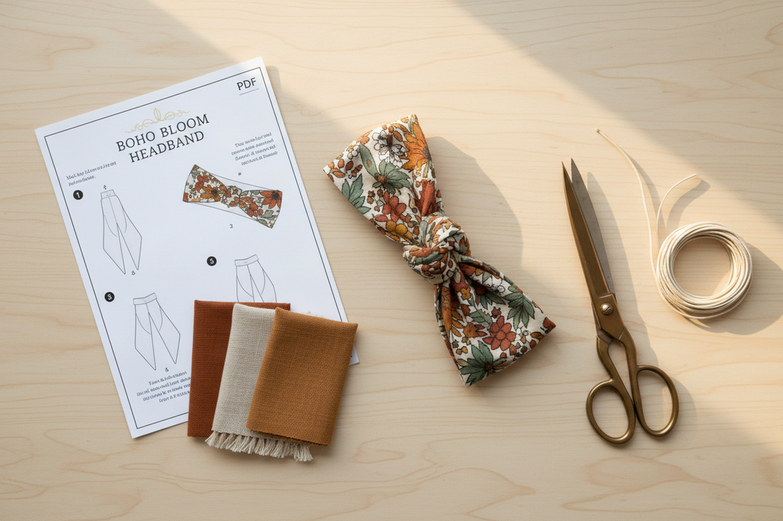Handmade fabric headband in an earthy boho floral print next to a printed PDF headband sewing pattern, fabric swatches, scissors, and elastic on a craft desk