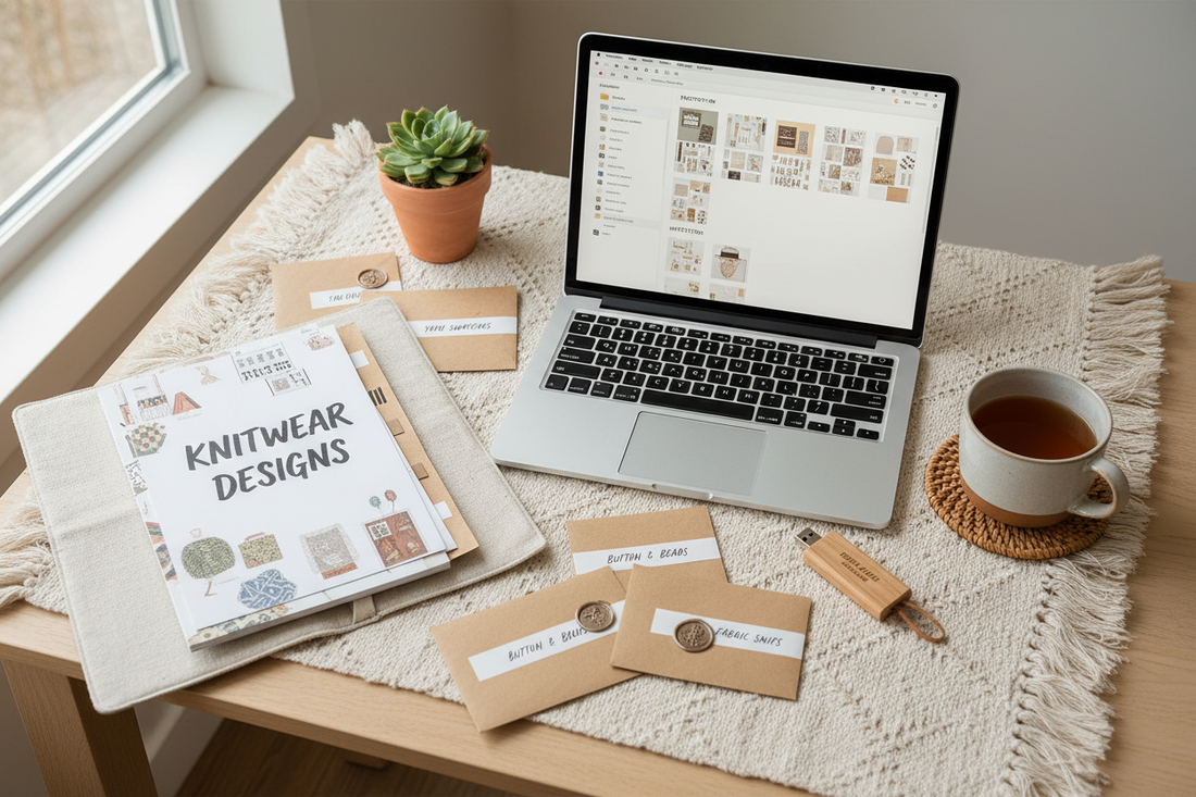 Neatly organized craft desk with a laptop showing a digital pattern folder system, a labeled binder, and printed pattern envelopes — how to store and organize digital patterns