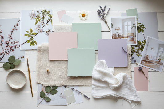 Spring mood board with pastel color swatches, fabric samples, and home decor inspiration for seasonal refresh