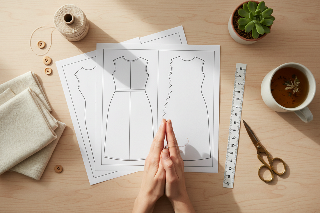 Printed PDF sewing pattern pages on a craft desk with a ruler and scissors — common printing pattern mistakes beginners make