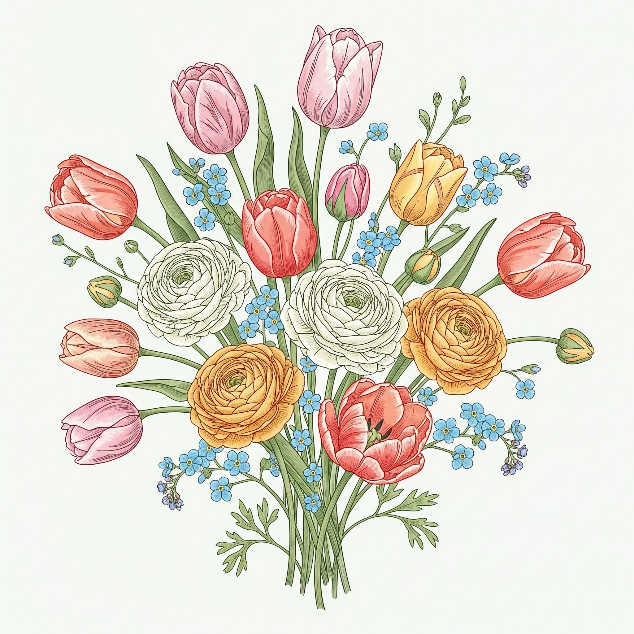 Spring Bouquet Transfer Pattern — Tulips, Ranunculus & Forget-Me-Nots