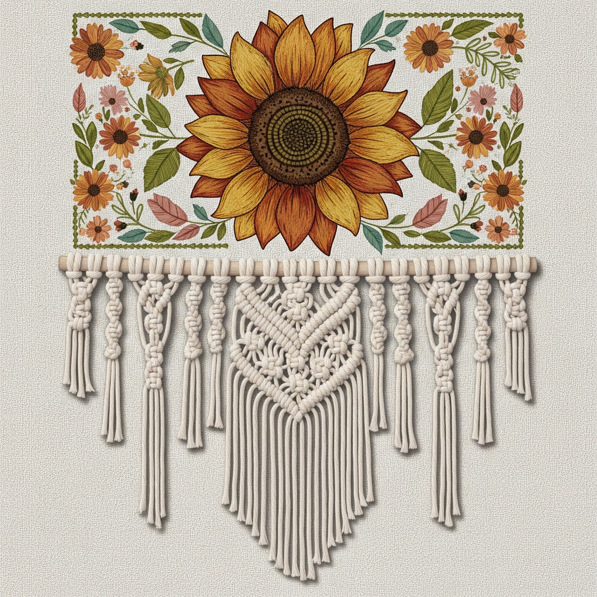 Sunflower Boho Embroidery Pattern — with 3D Macrame Fringe