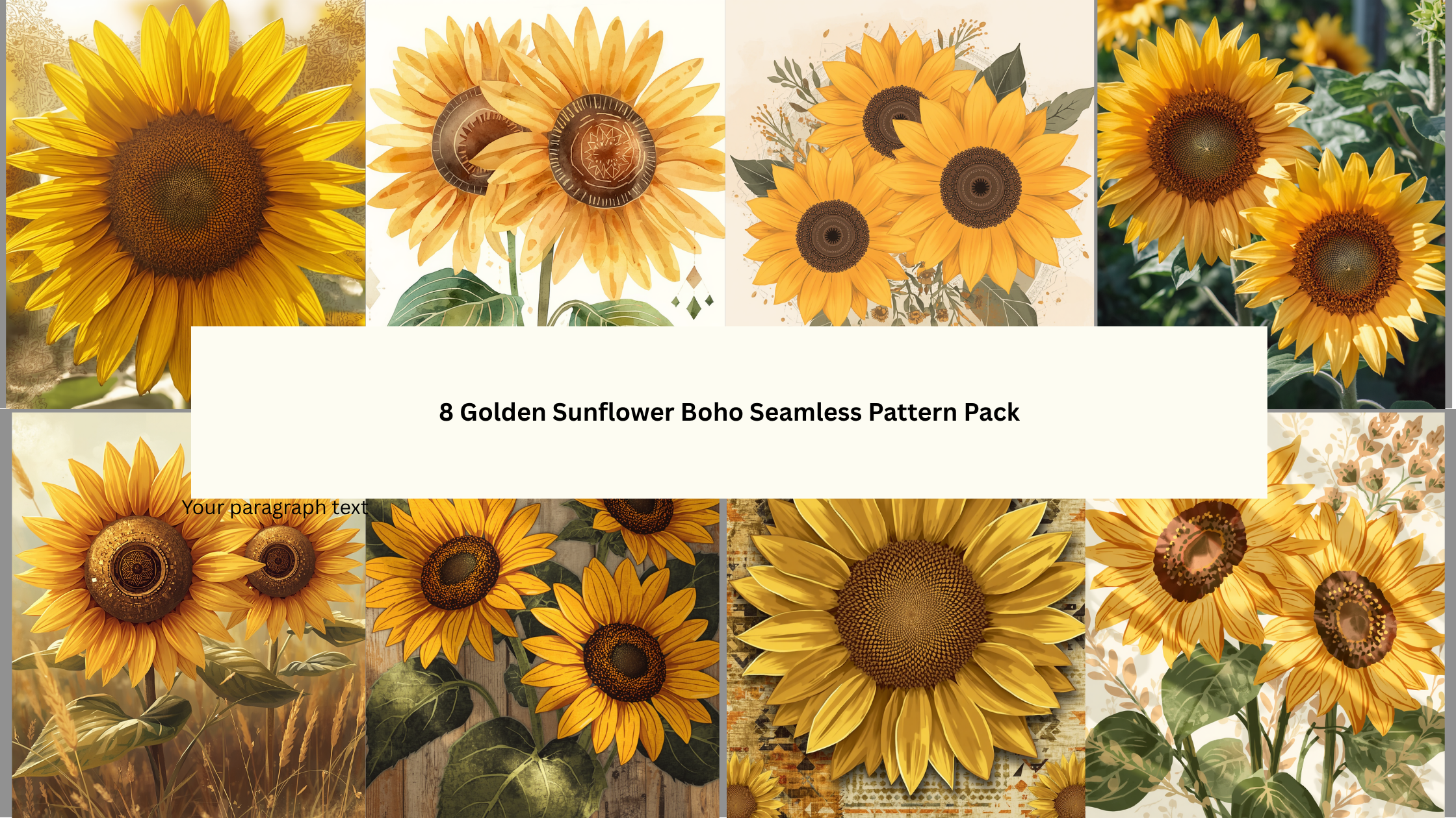 Boho Golden Sunflower Seamless Pattern — 8 PNG Files | Commercial License | Instant Download