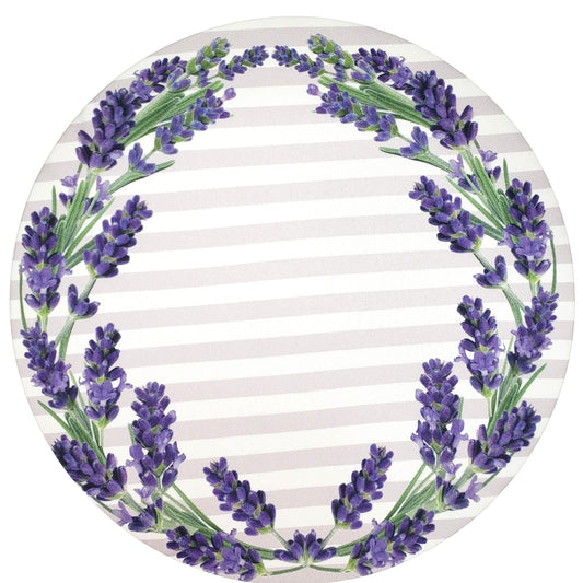 Round coaster with lavender design on a striped background