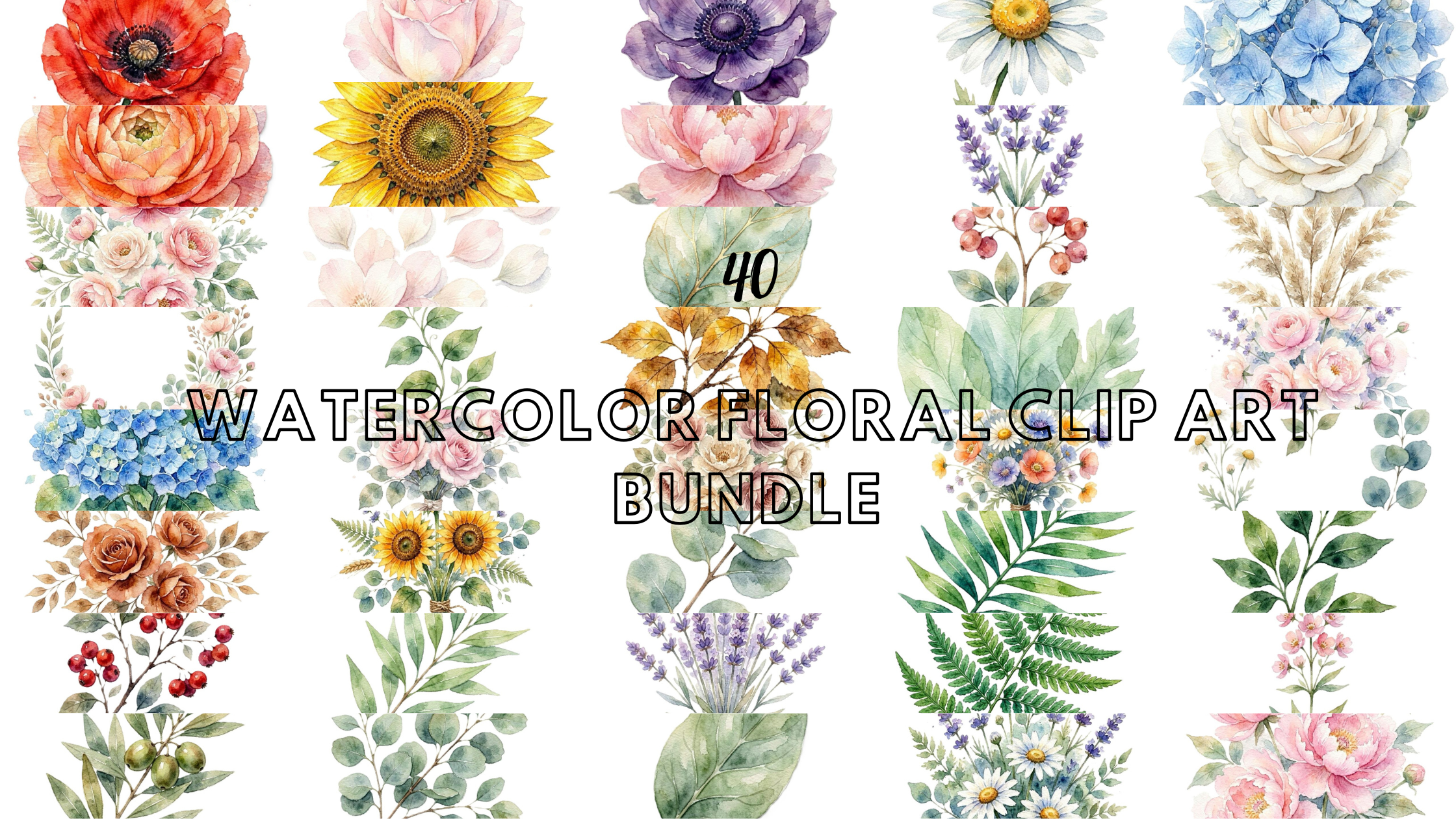 Watercolor Floral Seamless Pattern — 40 PNG Files | Commercial License | Instant Download