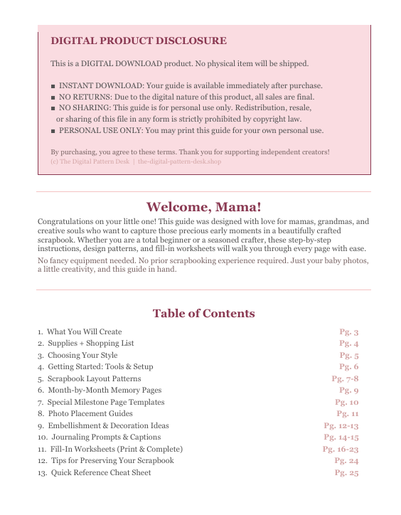 Digital product guide for scrapbooking with pink header and table of contents on a white background.
