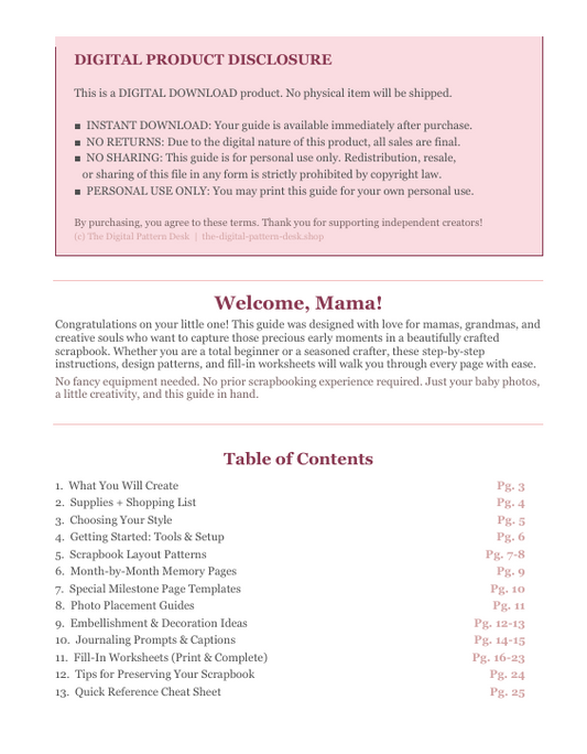 Digital product guide for scrapbooking with pink header and table of contents on a white background.
