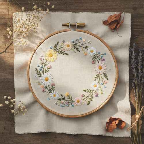 A round embroidery hoop holding cream fabric with a floral wreath design in white, yellow, pink, blue, and green thread, styled on a wooden surface with dried flowers and leaves.